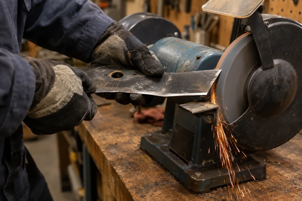 Gloved hands sharpening a mower blade on a bench grinder