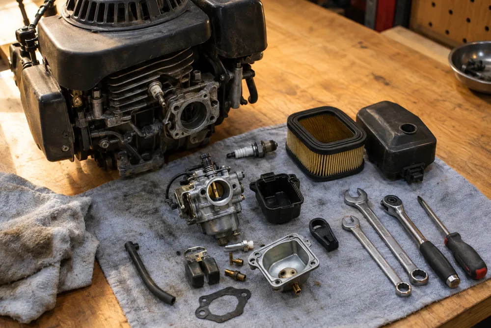 A small engine with its carburetor, air filter and spark plug laid out on a shop rag